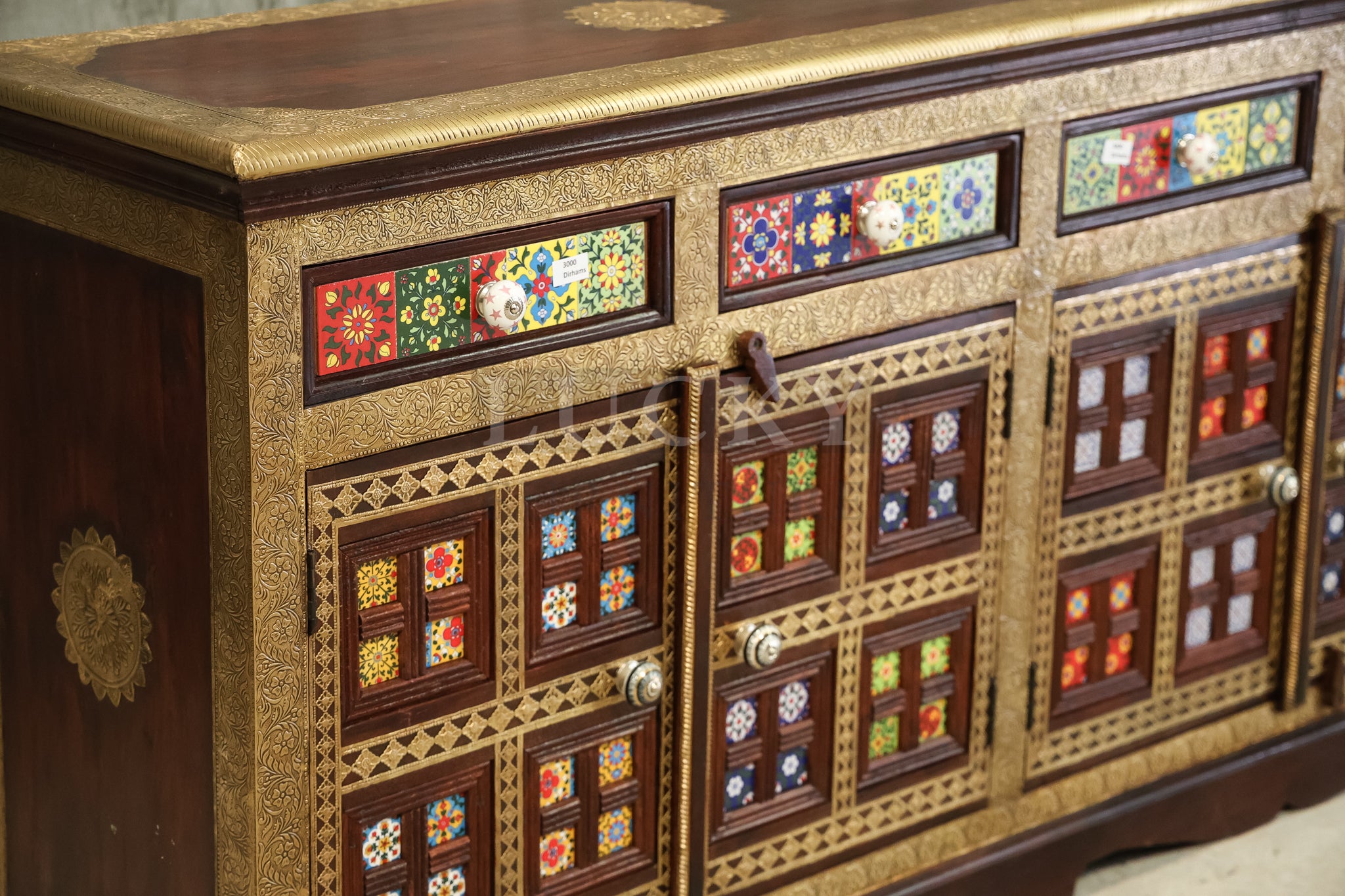 2" Tile 4 draw Sideboard Brass and Solidwood
