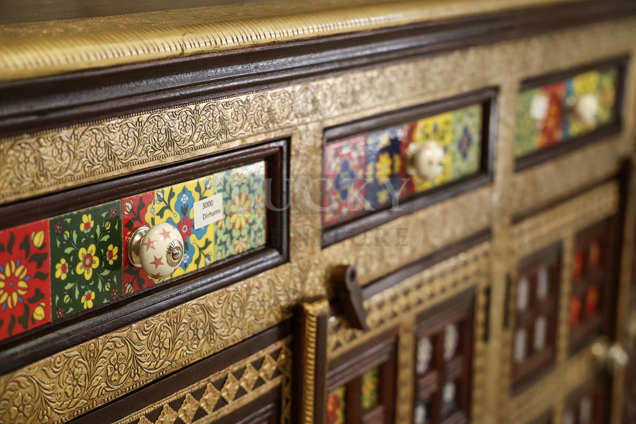 2" Tile 4 draw Sideboard Brass and Solidwood