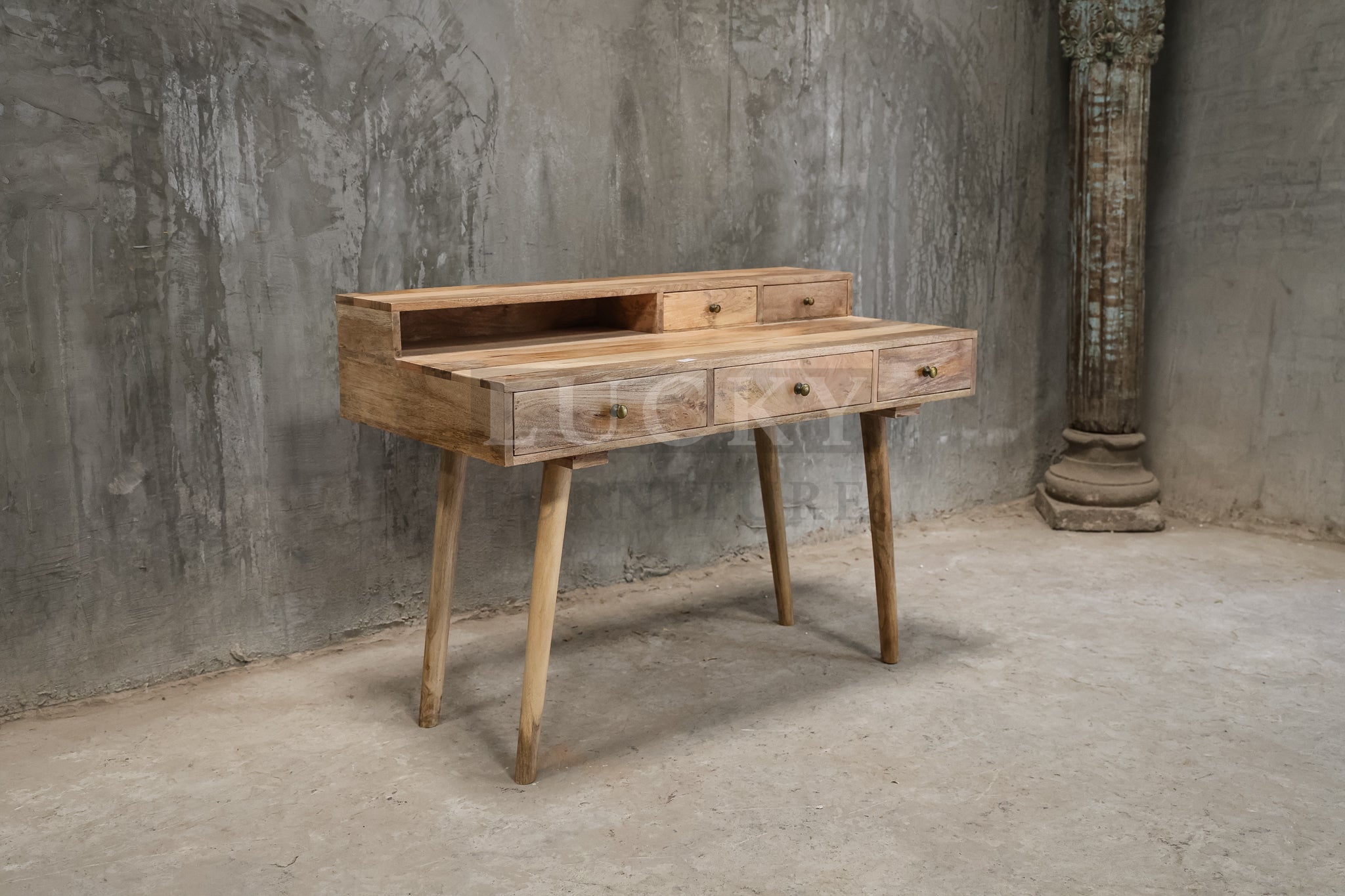 Mango wood desk with 5 drawers