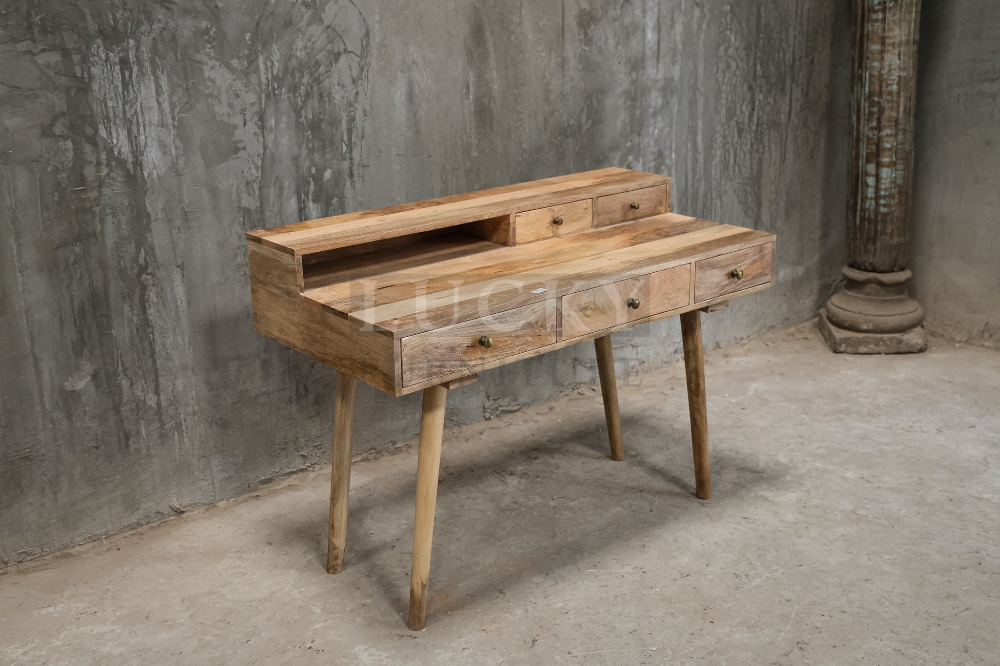 Mango wood desk with 5 drawers