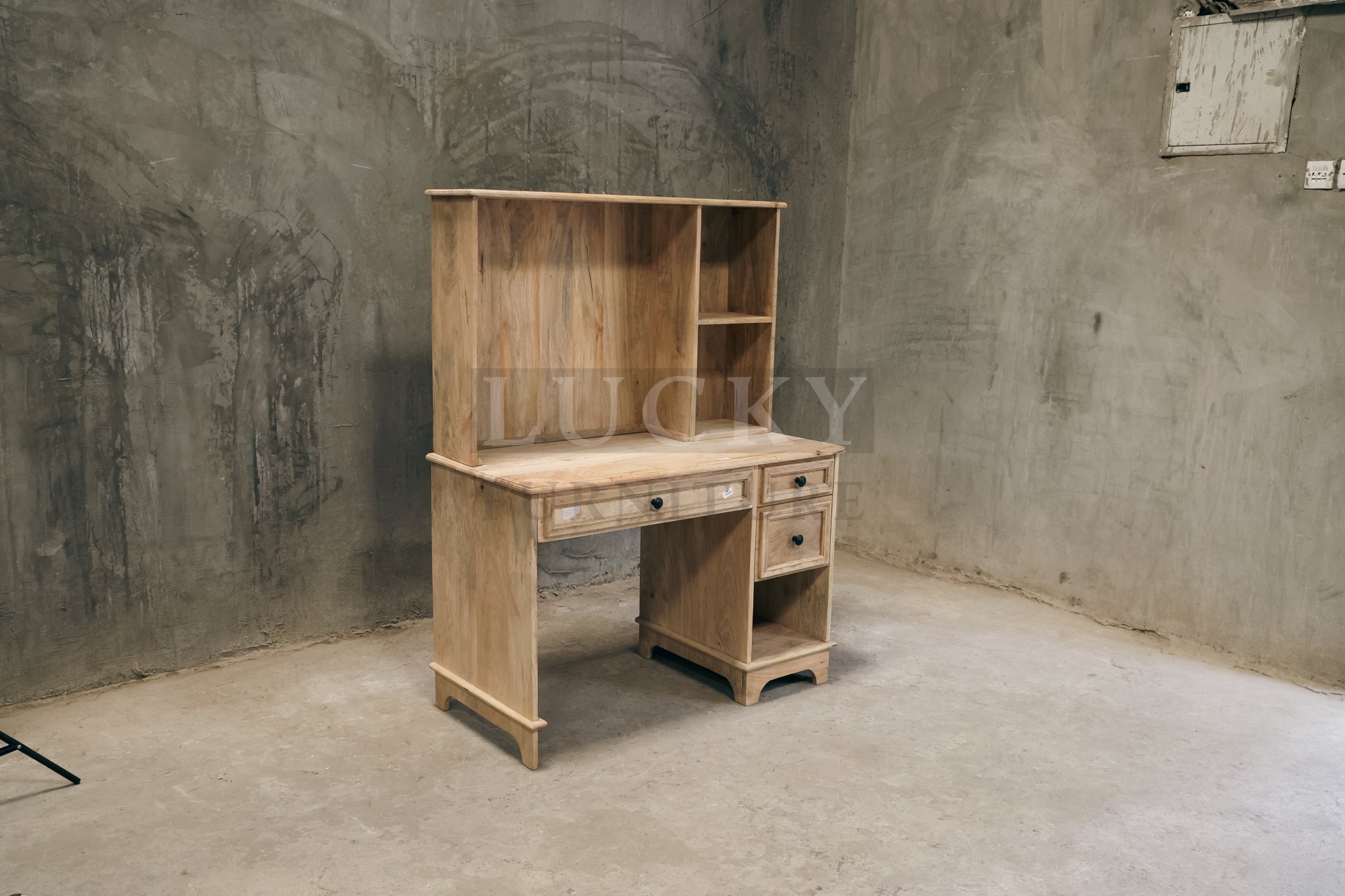 Mango wood desk with storage and shelf.
