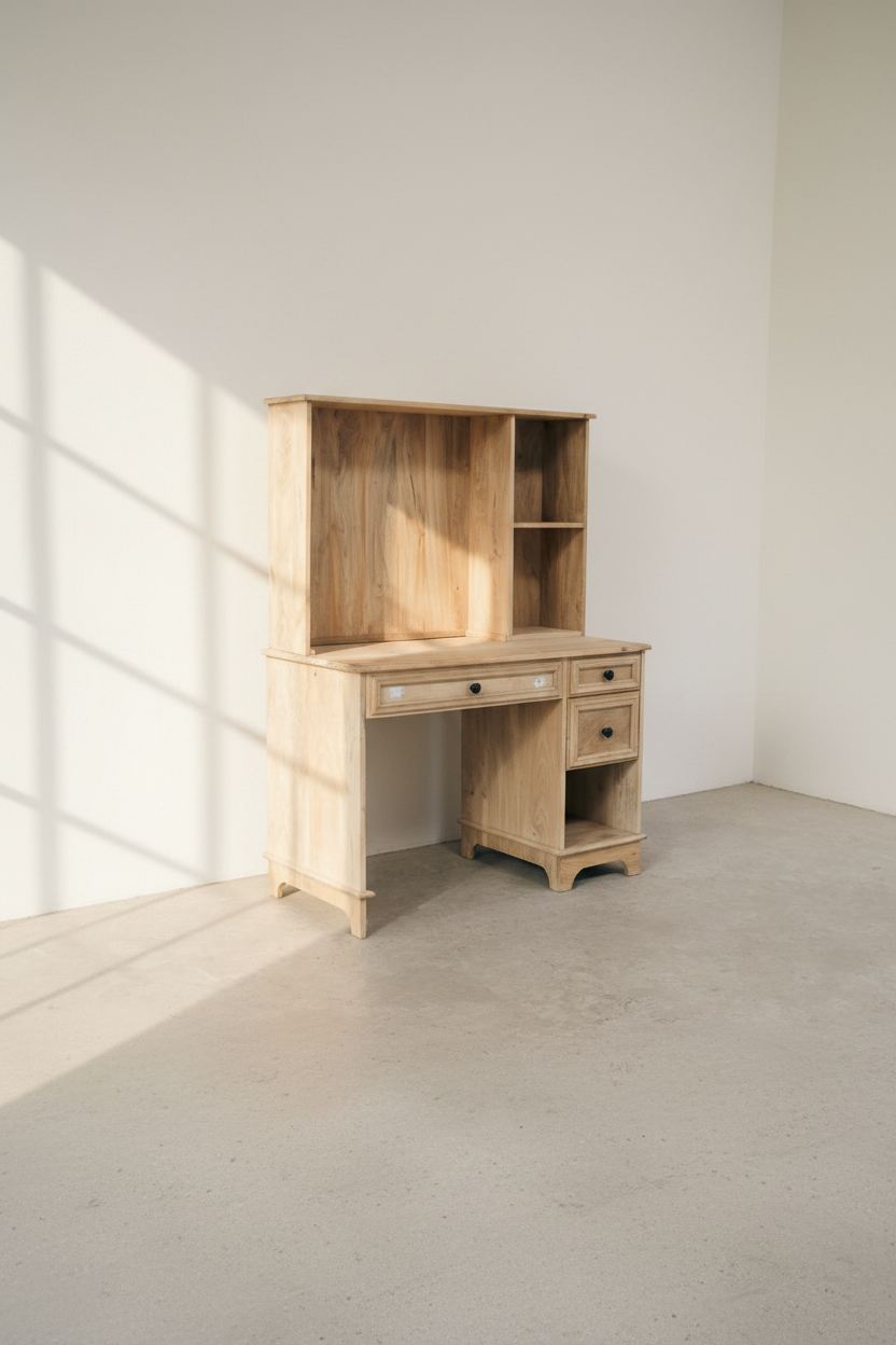Mango wood desk with storage and shelf.