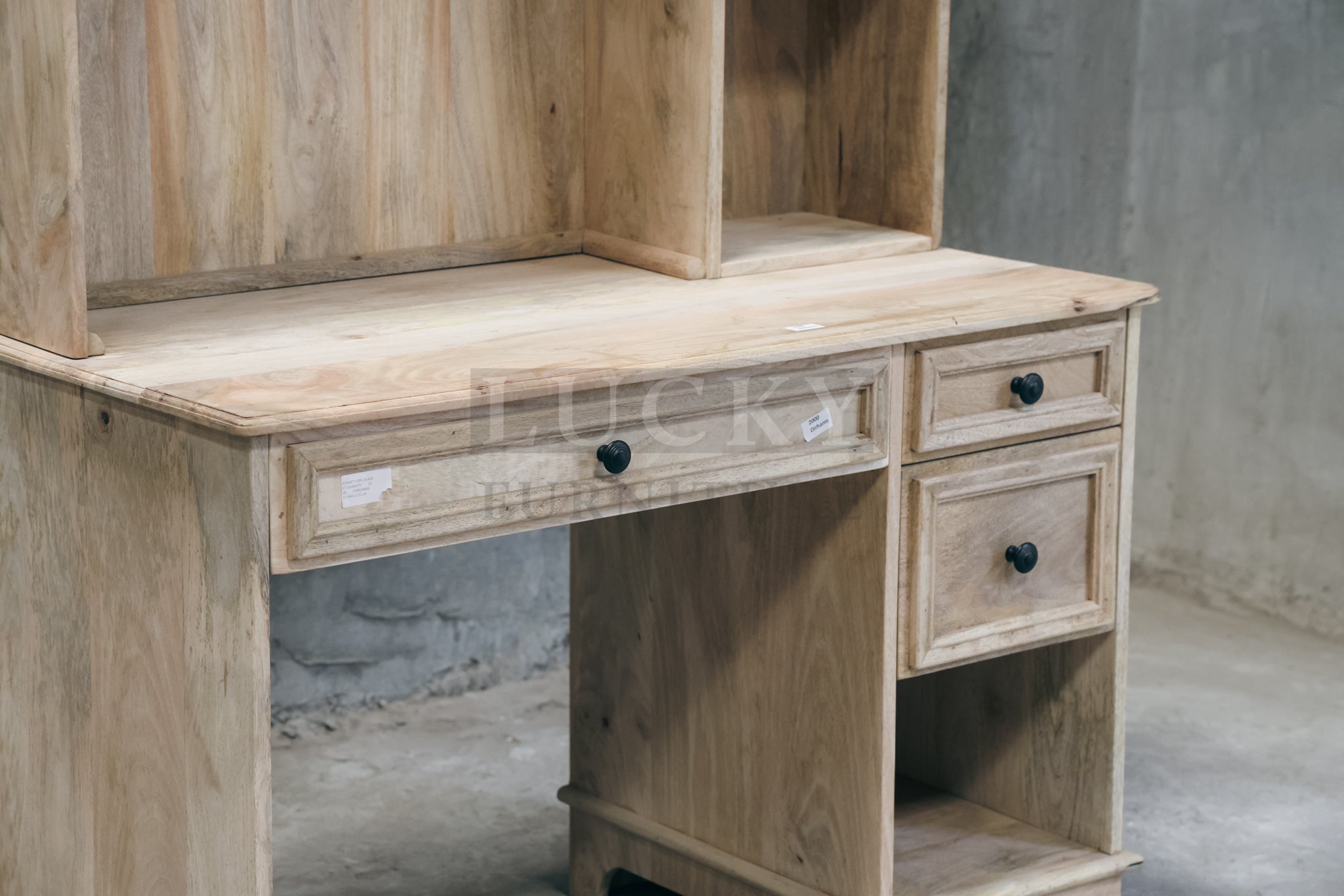 Mango wood desk with storage and shelf.