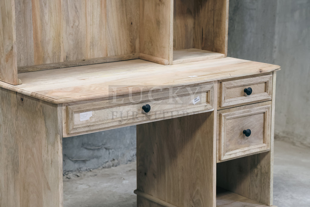 Mango wood desk with storage and shelf.