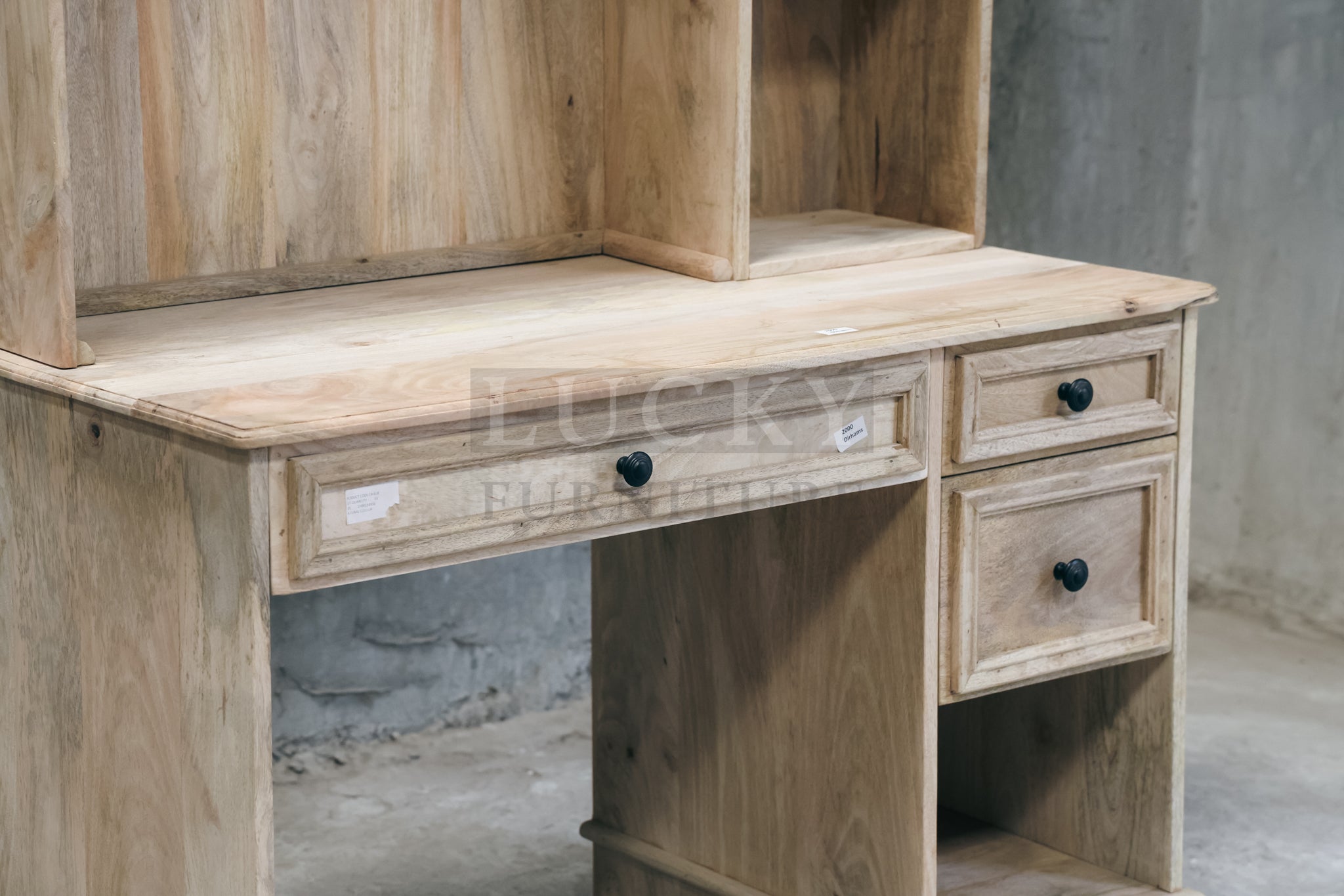 Mango wood desk with storage and shelf.
