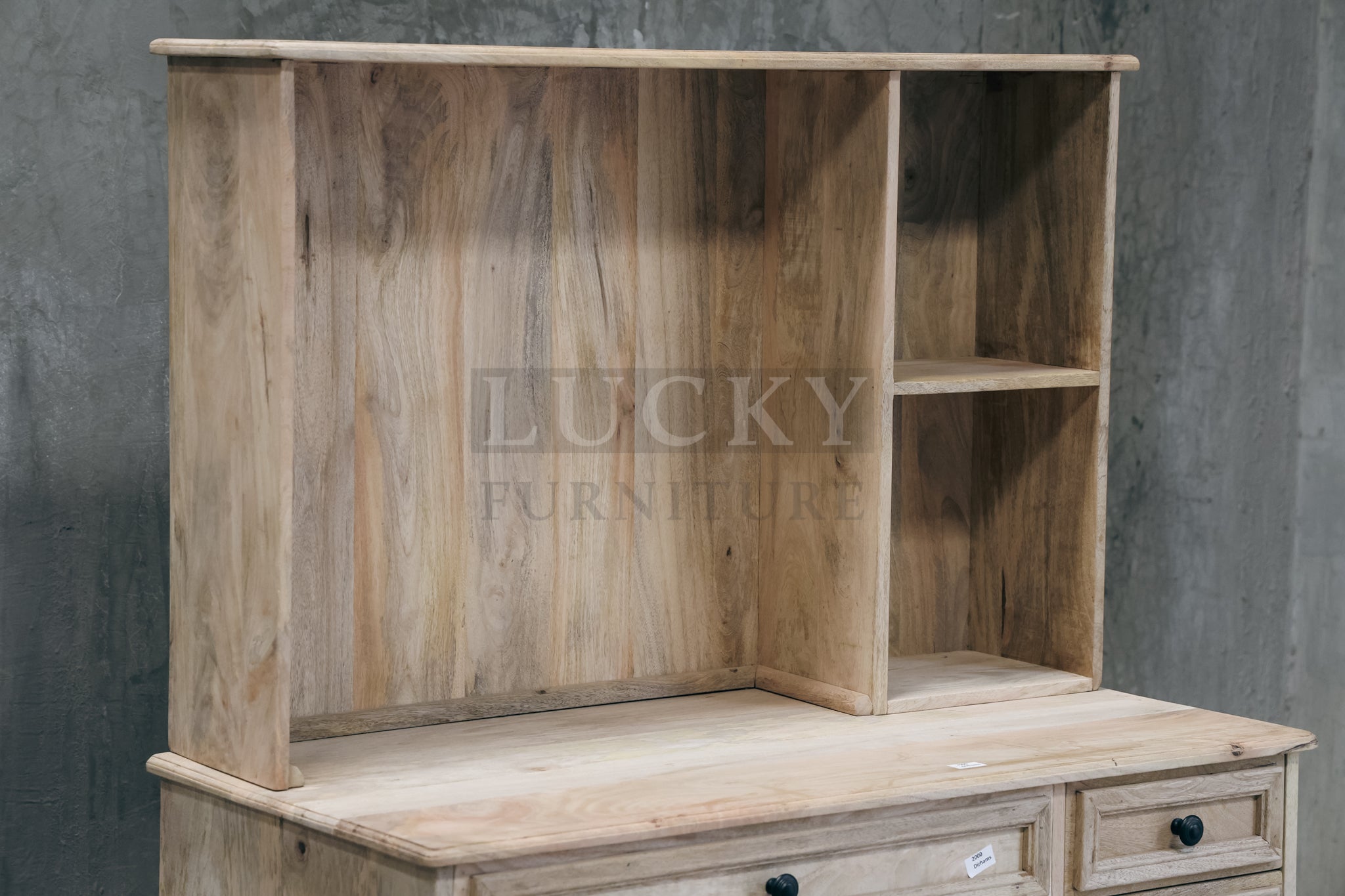 Mango wood desk with storage and shelf.