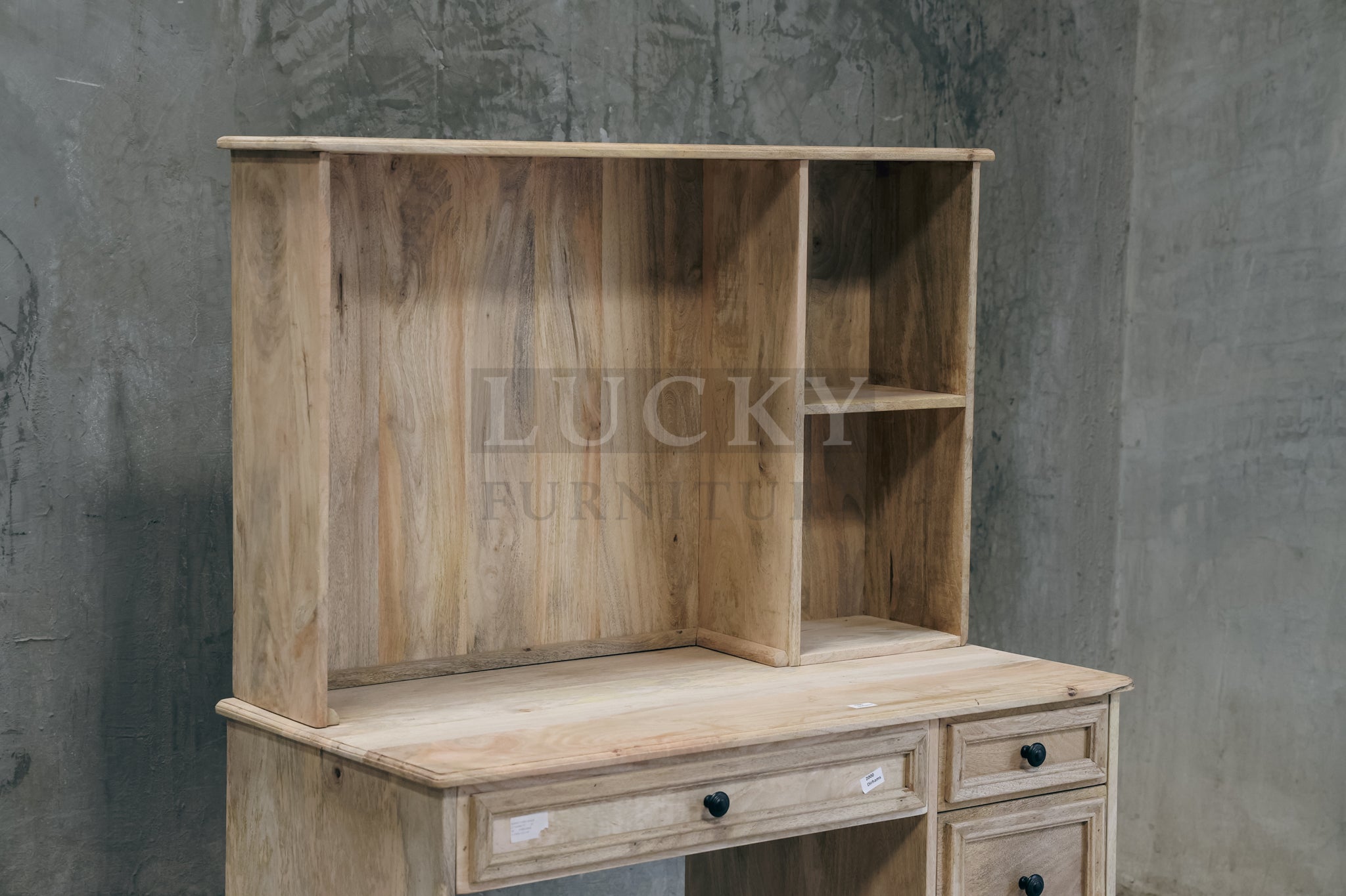 Mango wood desk with storage and shelf.