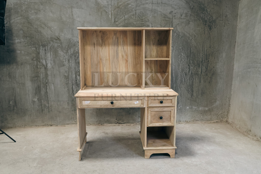 Mango wood desk with storage and shelf.