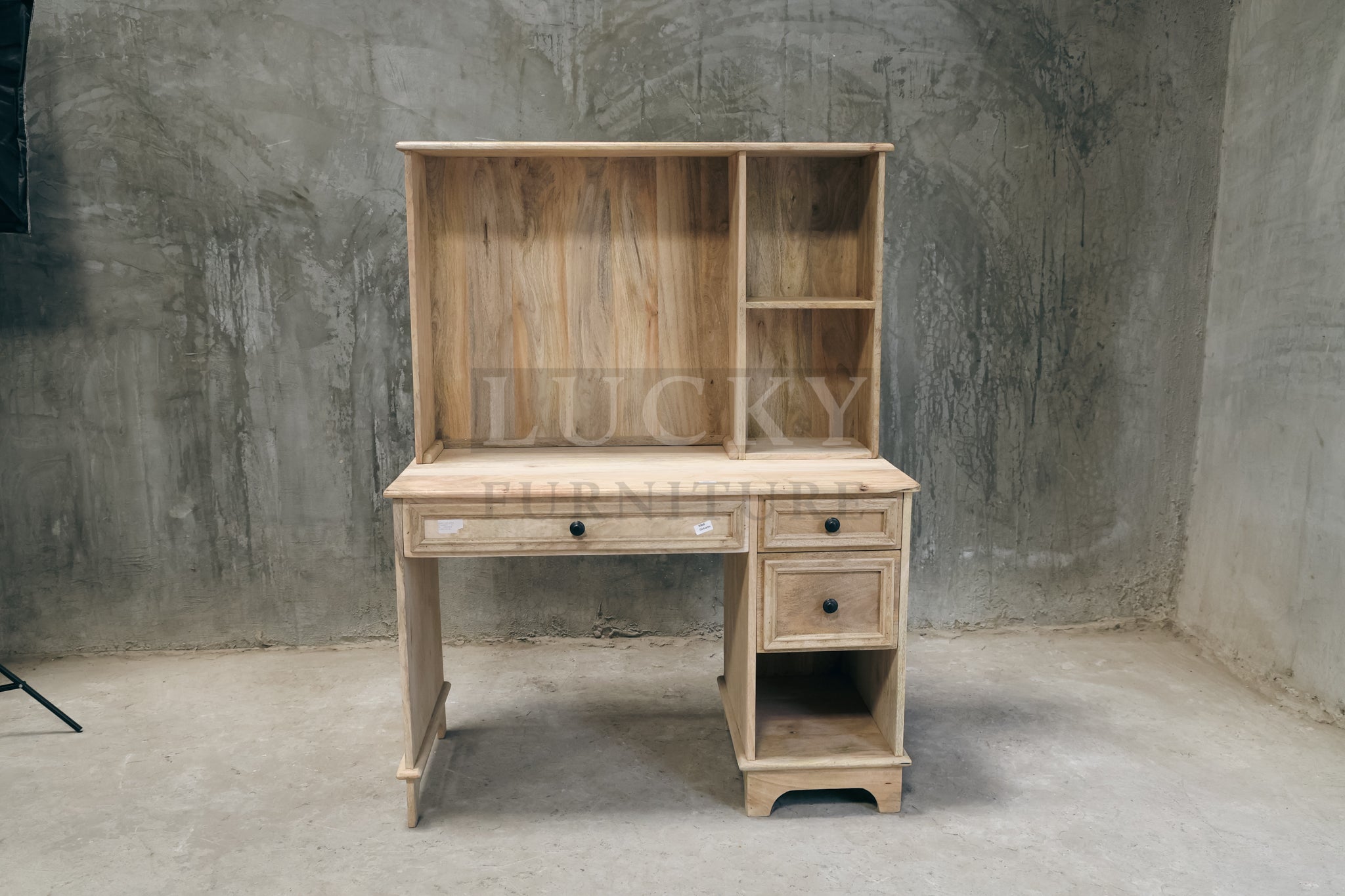 Mango wood desk with storage and shelf.