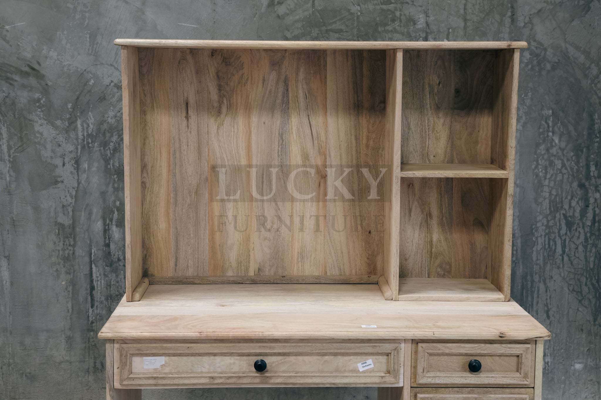 Mango wood desk with storage and shelf.