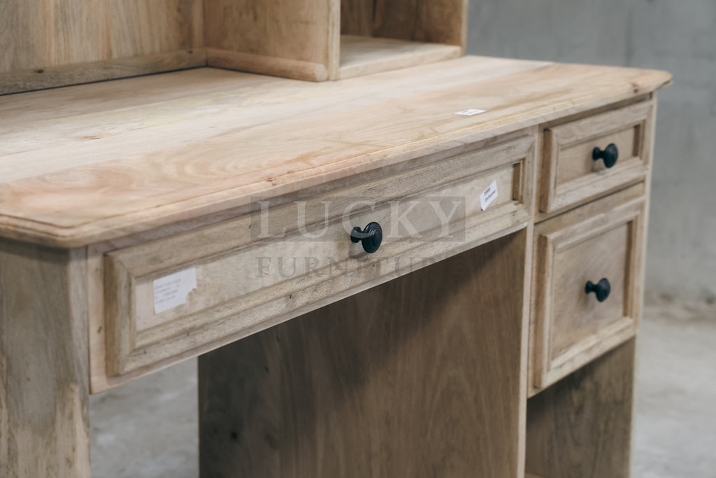 Mango wood desk with storage and shelf.