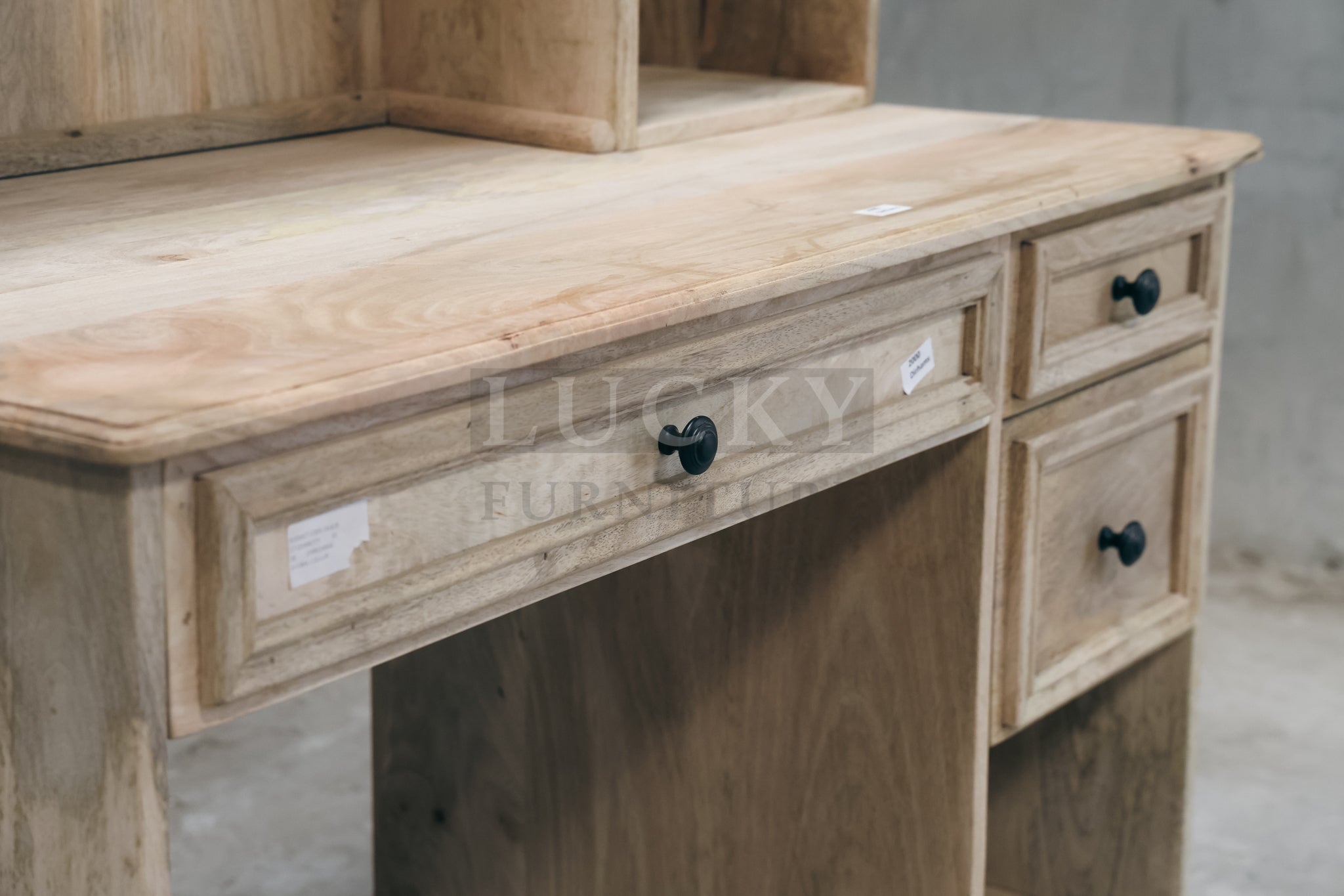 Mango wood desk with storage and shelf.