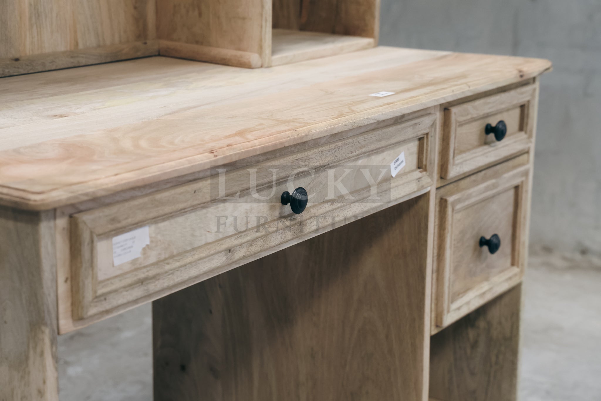 Mango wood desk with storage and shelf.