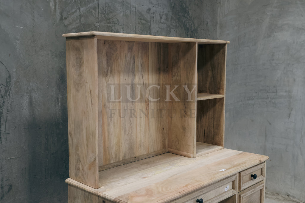 Mango wood desk with storage and shelf.