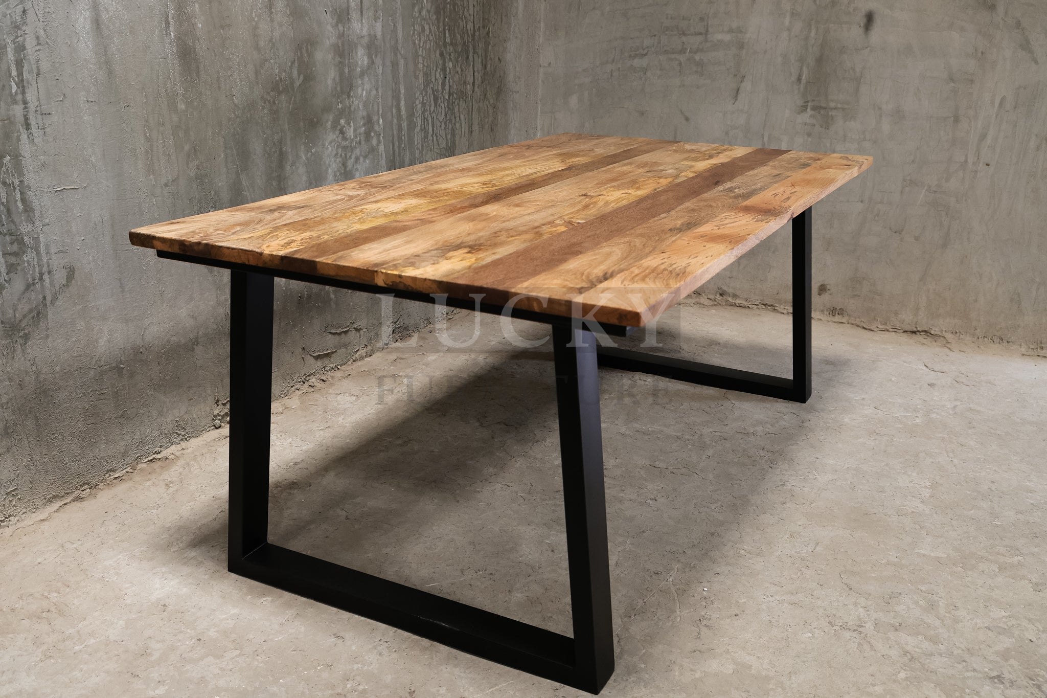 Mango wood metal slant legs table.