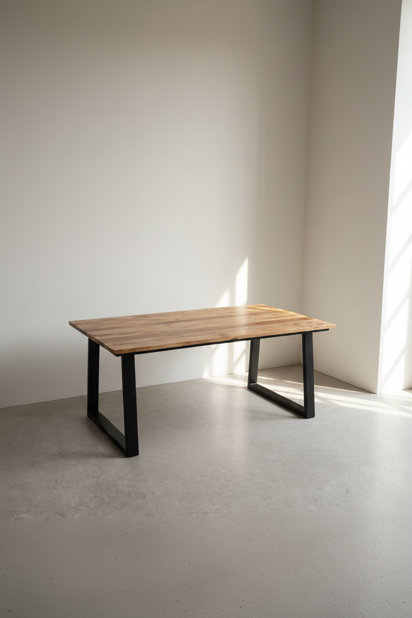 Mango wood metal slant legs table.
