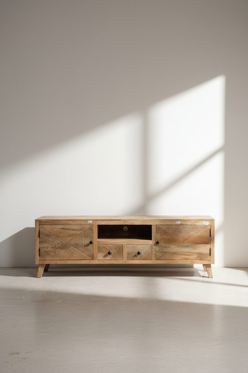 Mango wood lines design tv stand.