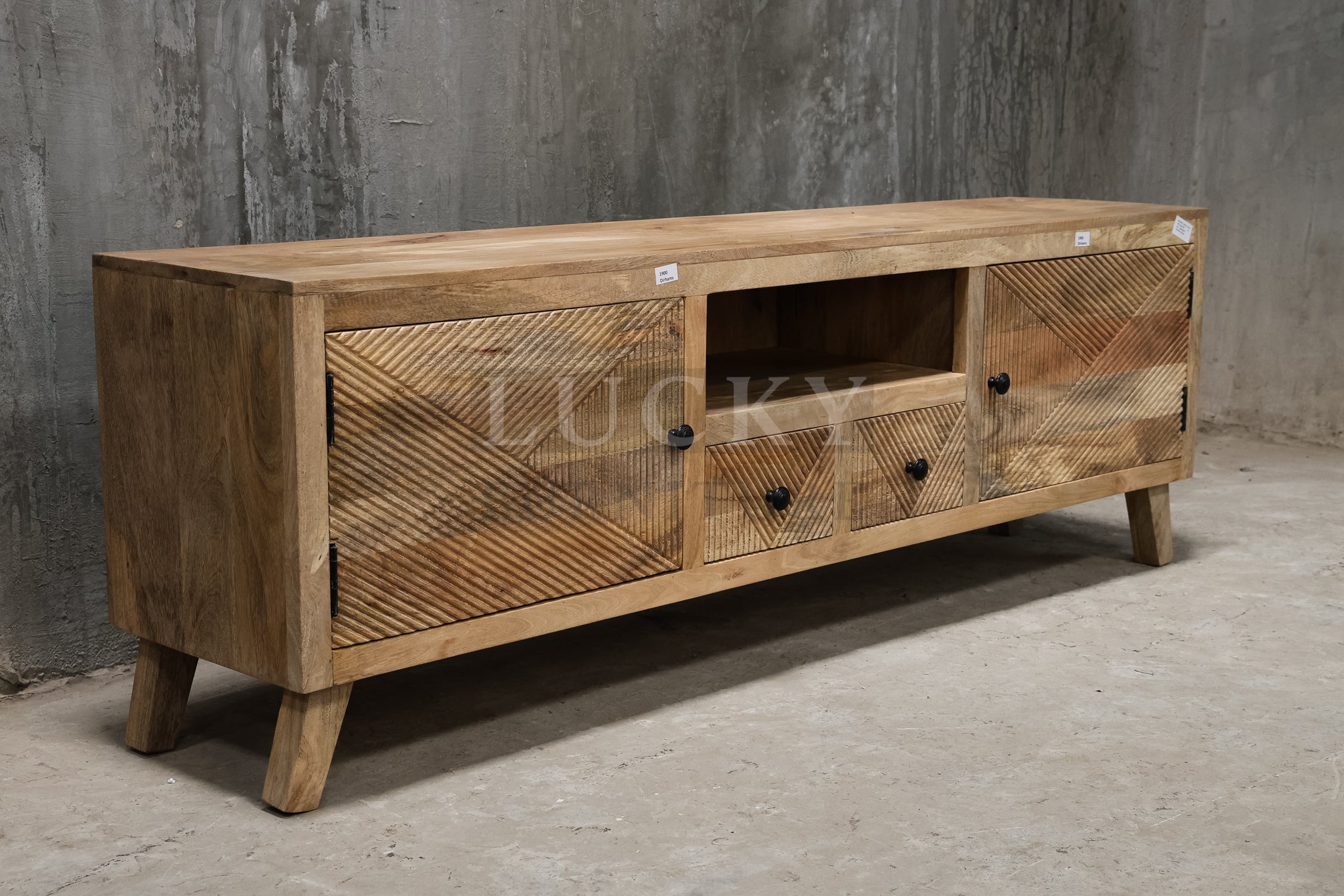 Mango wood lines design tv stand.