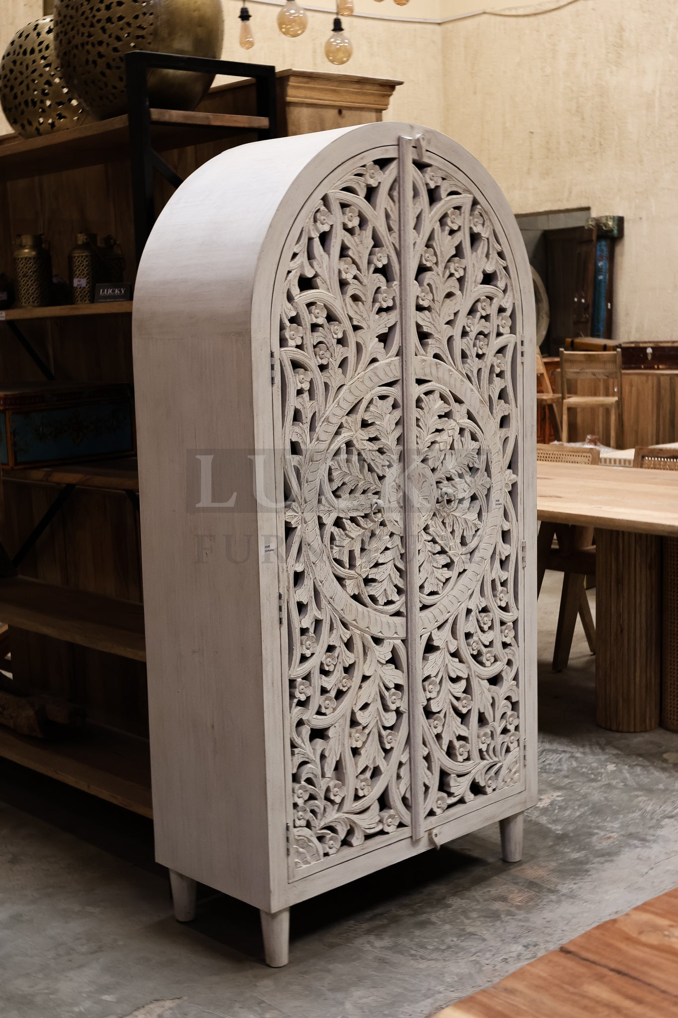 Arch Carved cabinet mango wood whitewashed.