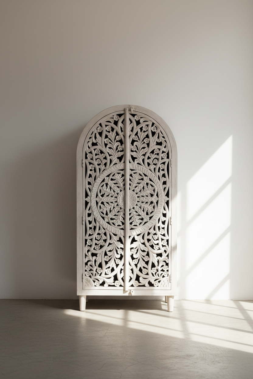 Arch Carved cabinet mango wood whitewashed.
