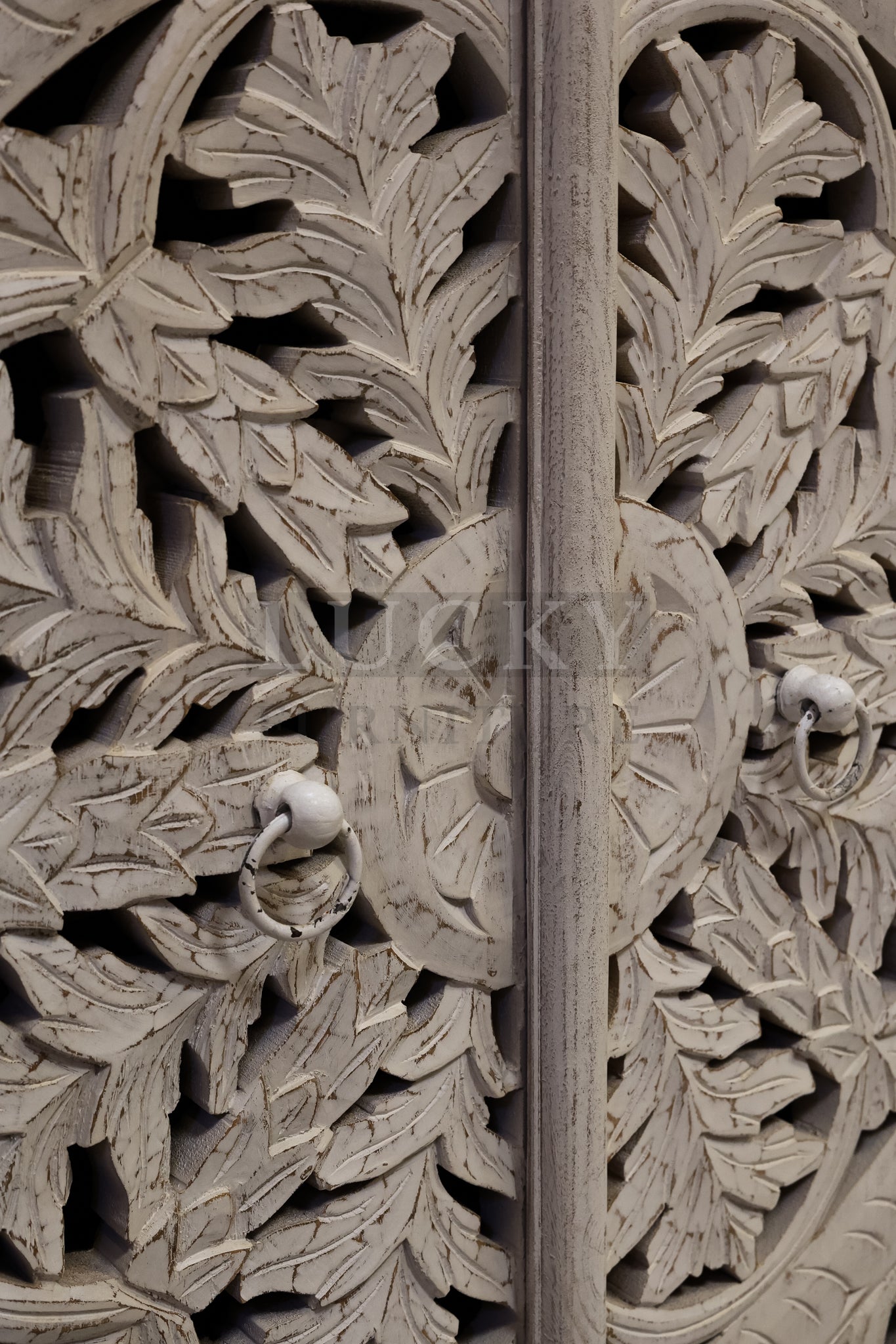 Arch Carved cabinet mango wood whitewashed.