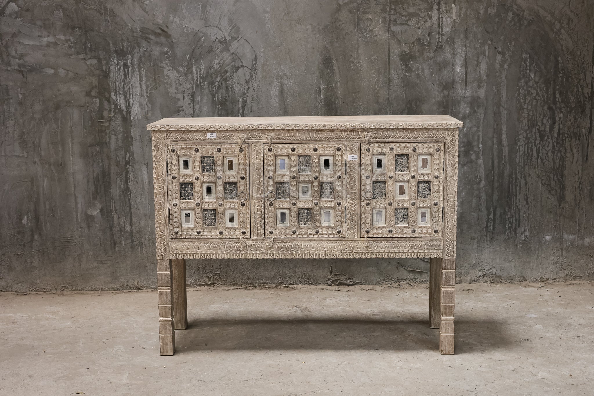 Carved dowry chest white wash.