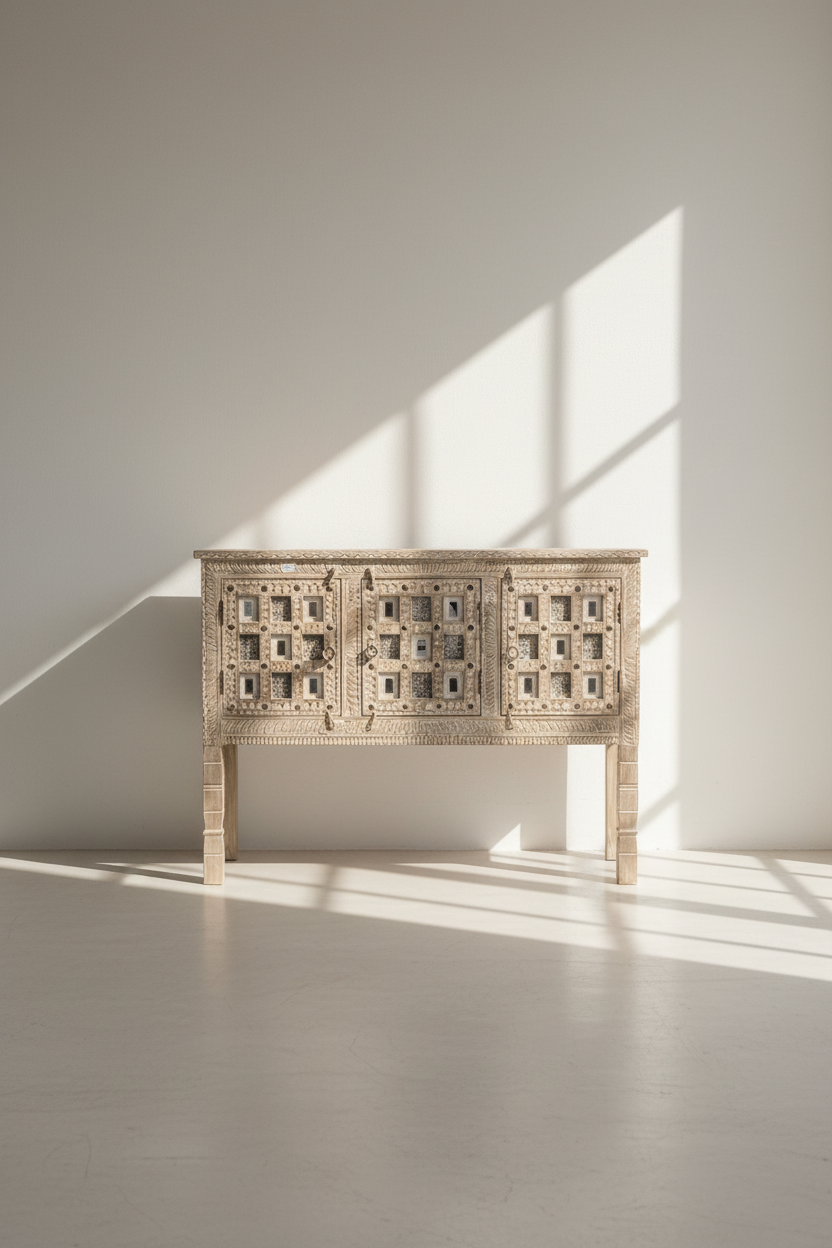 Carved dowry chest white wash.