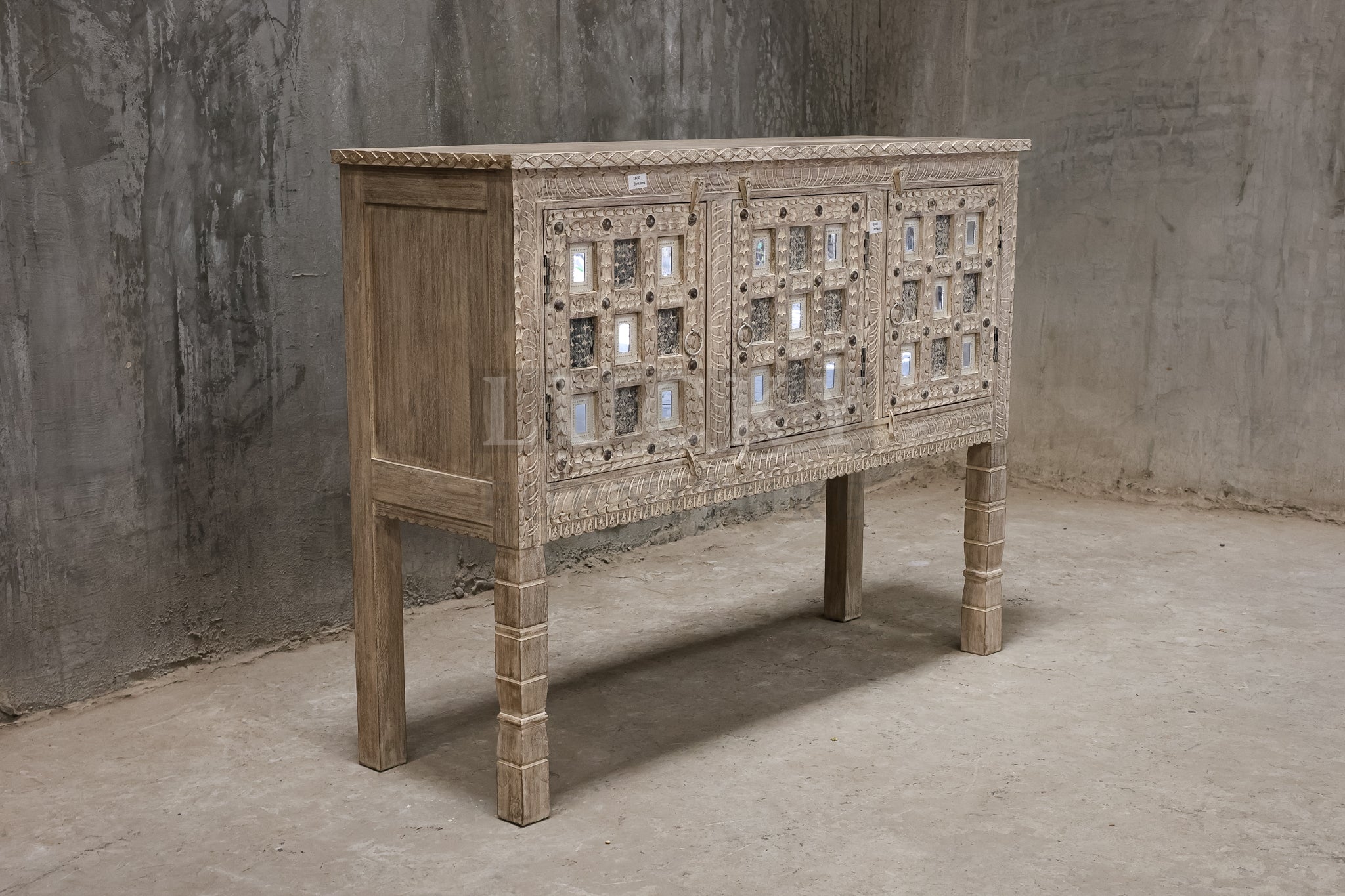 Carved dowry chest white wash.