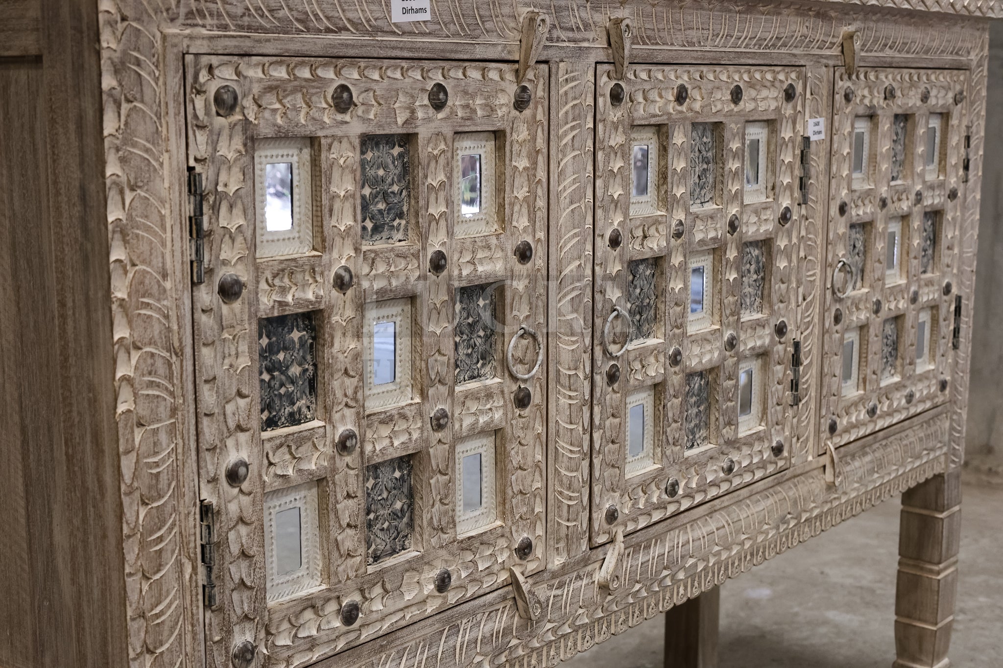 Carved dowry chest white wash.