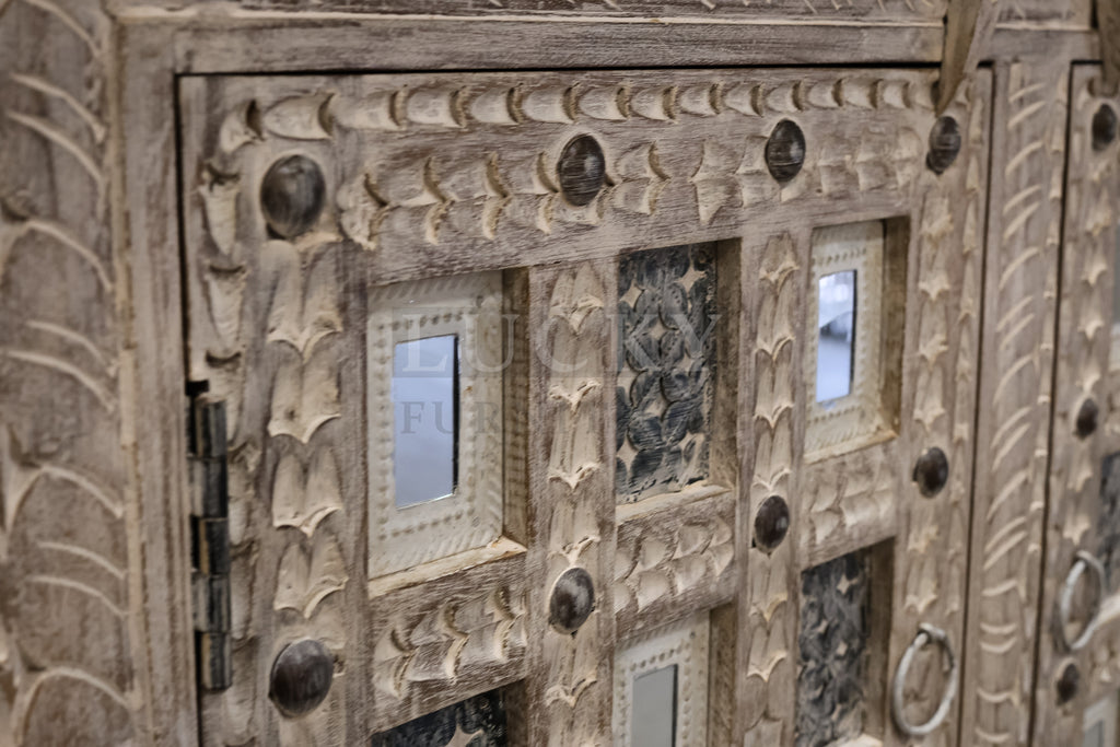 Carved dowry chest white wash.