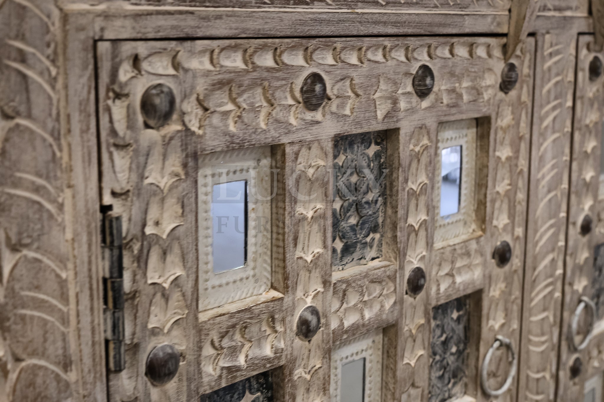 Carved dowry chest white wash.
