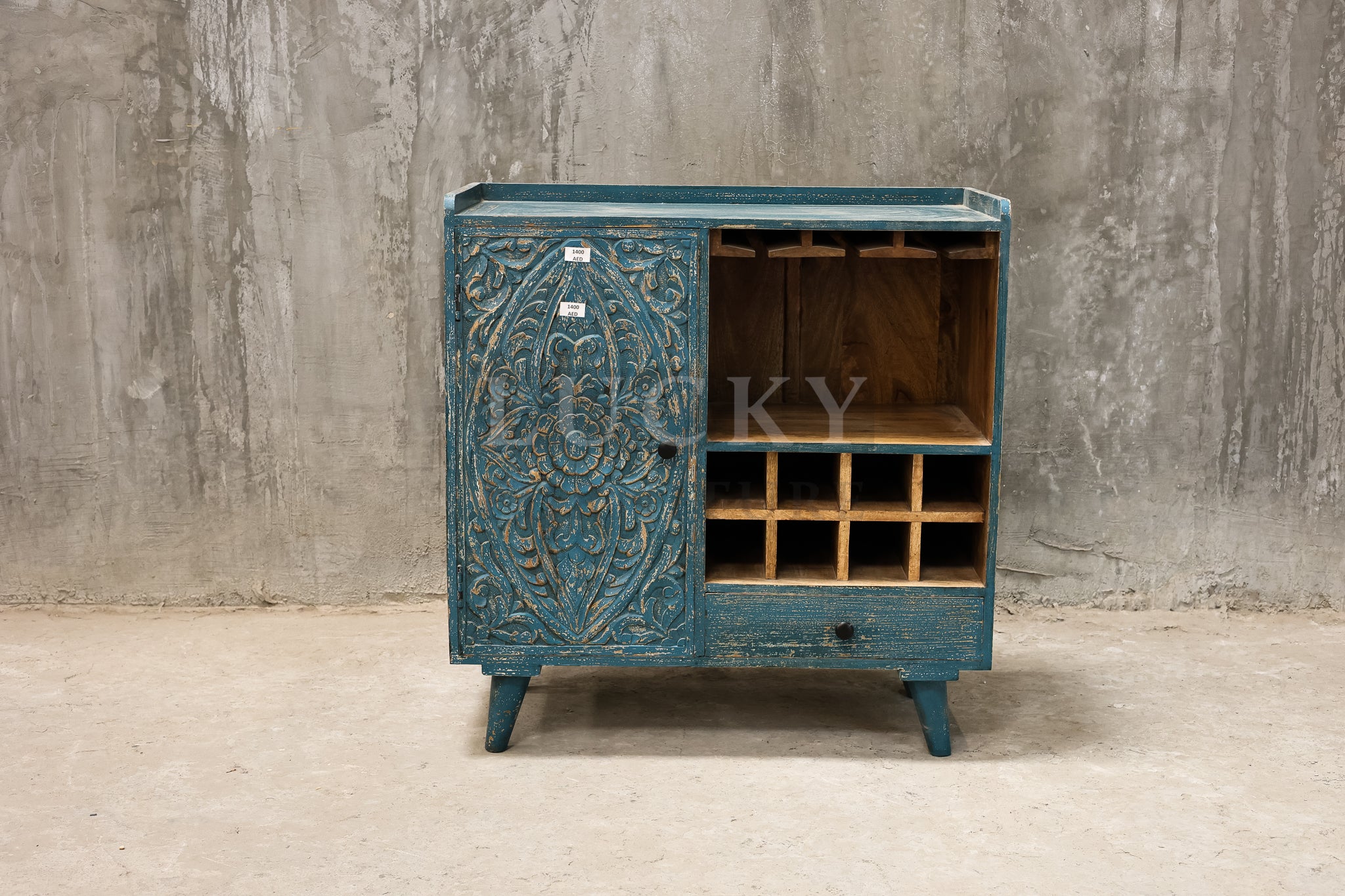 Carved vibrant coffee station or bar.