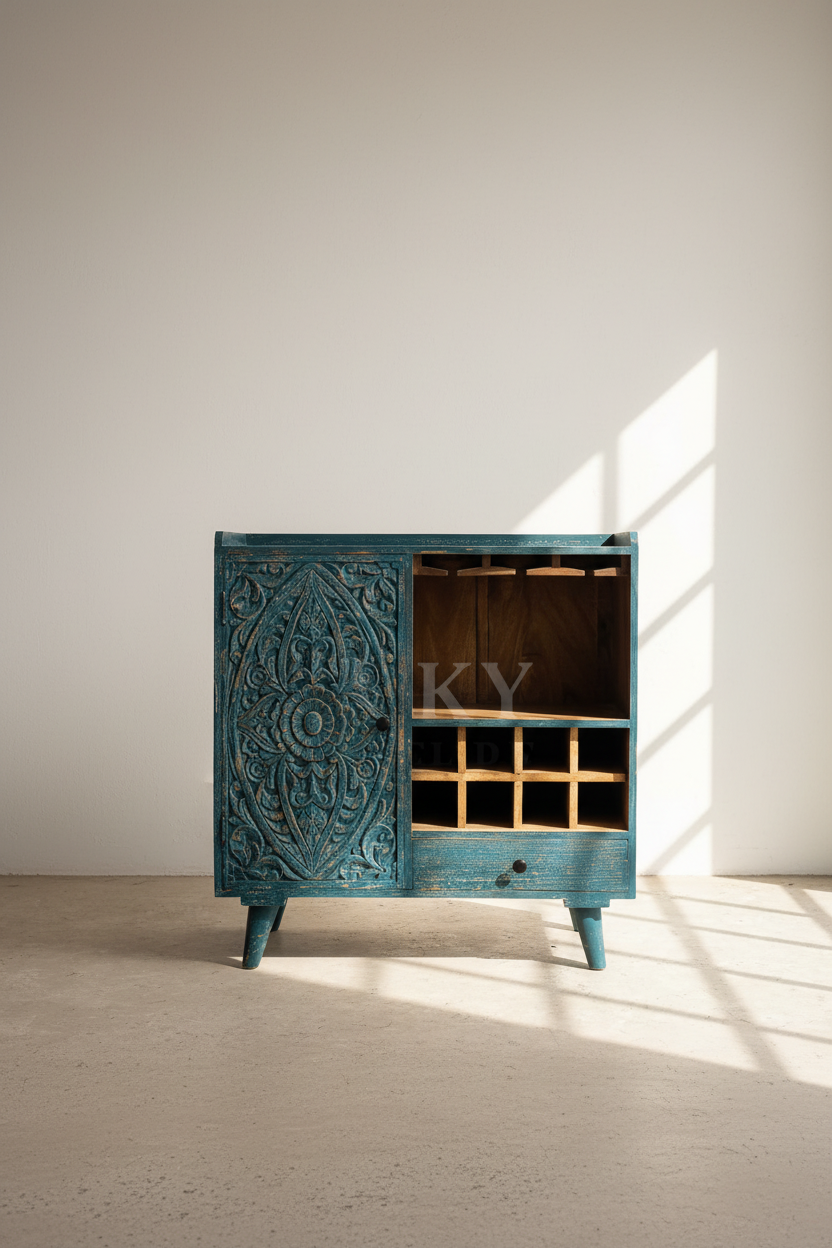 Carved vibrant coffee station or bar.