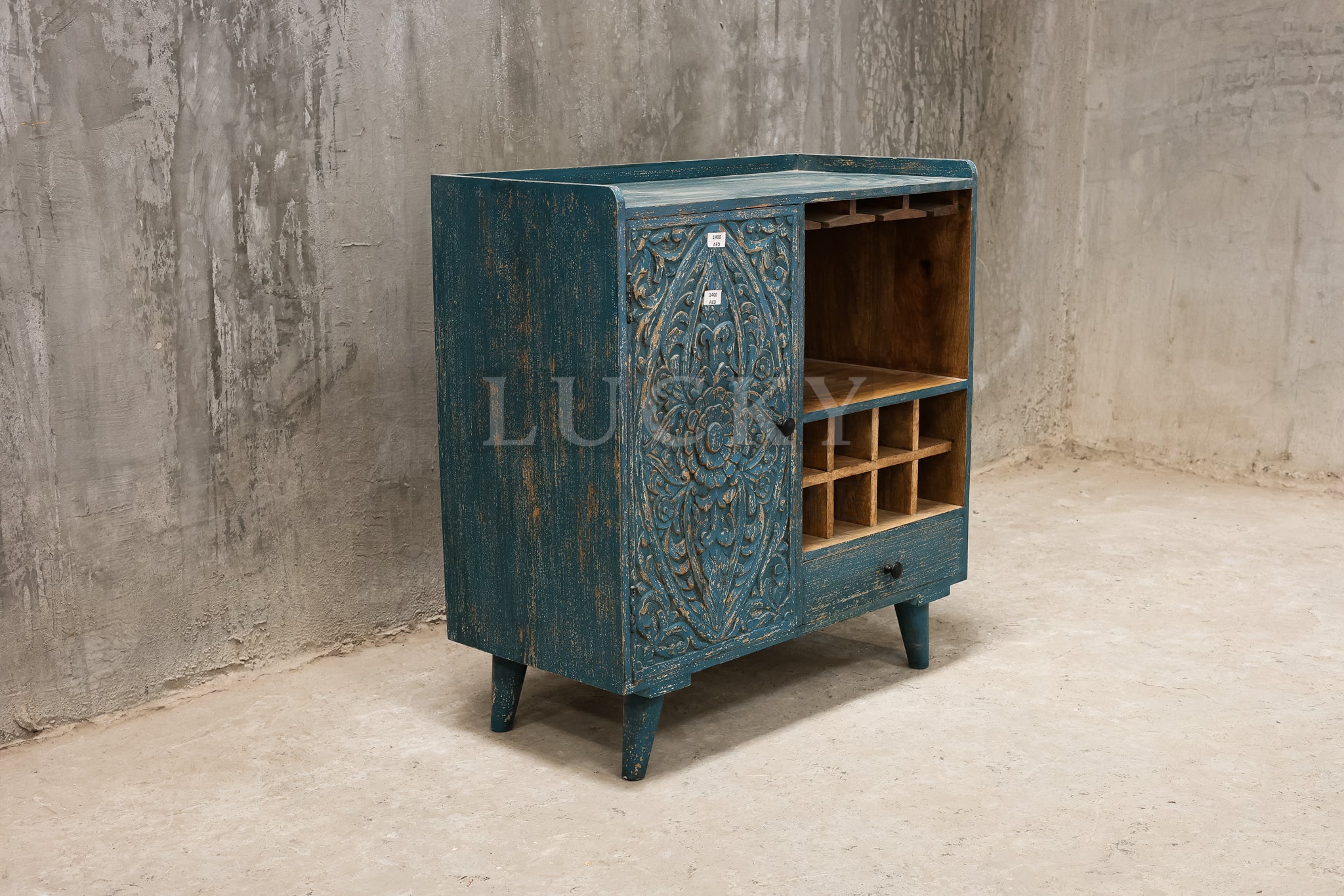 Carved vibrant coffee station or bar.