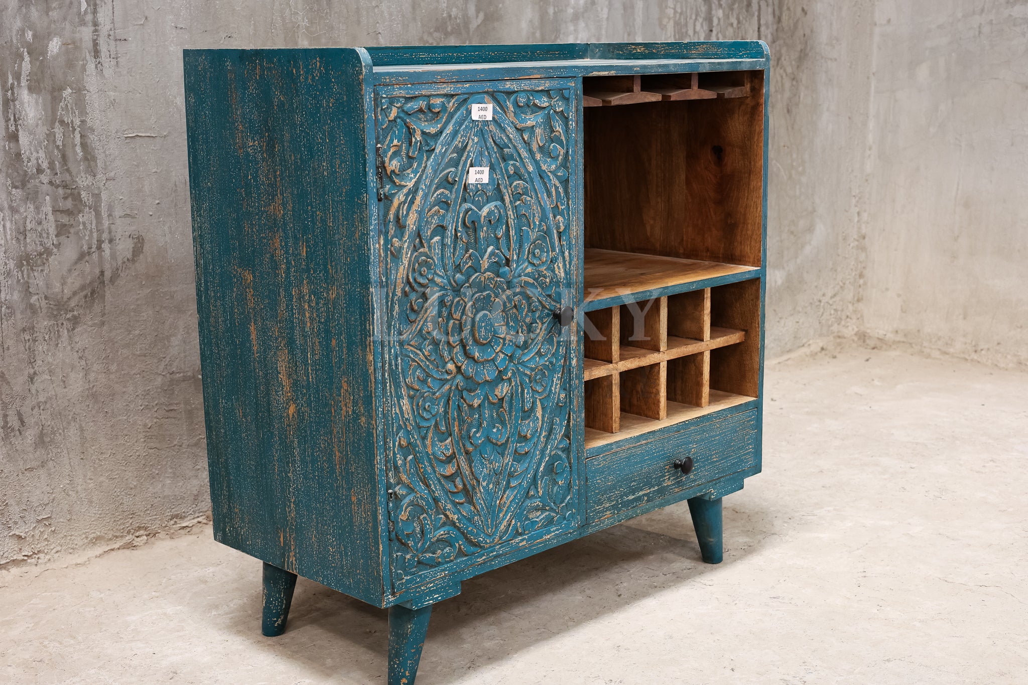 Carved vibrant coffee station or bar.