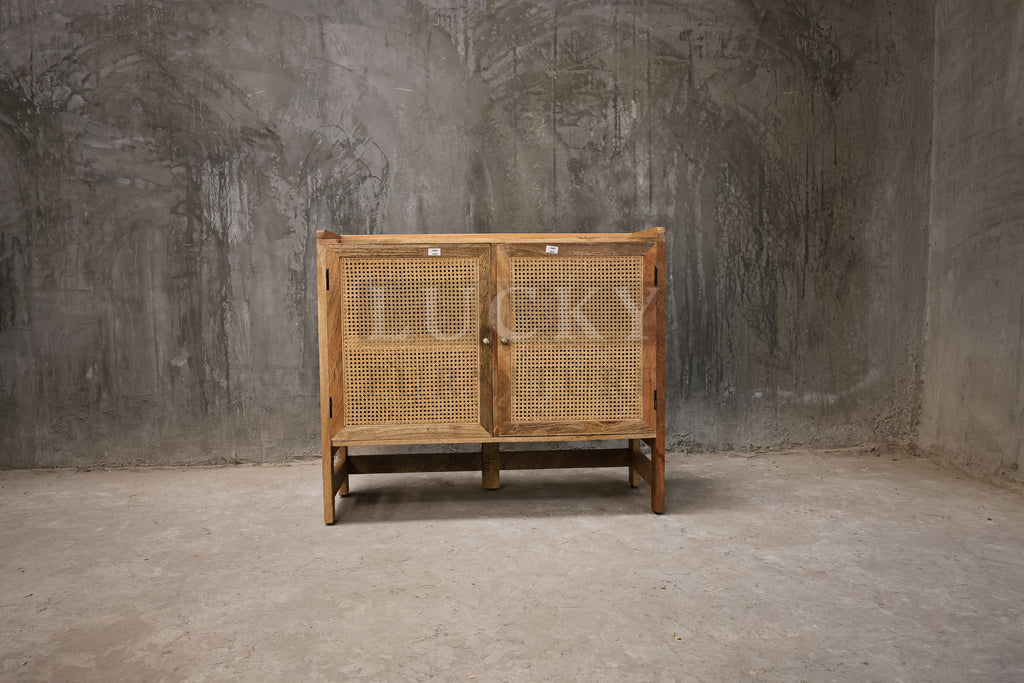 Mango wood and rattan sideboard.