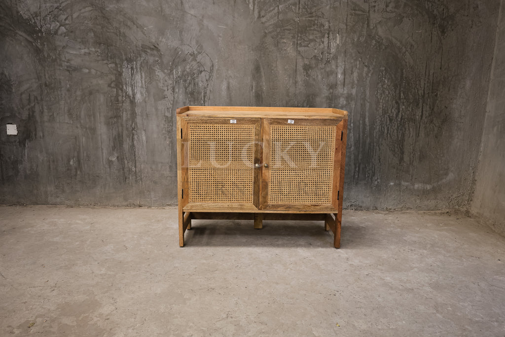 Mango wood and rattan sideboard.