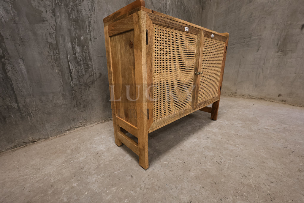Mango wood and rattan sideboard.