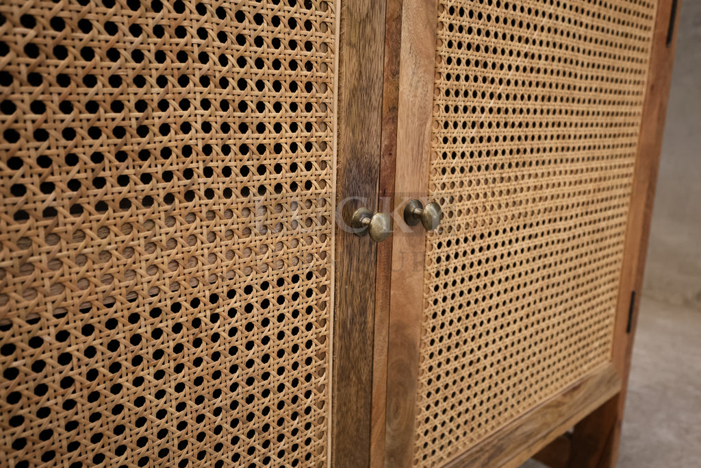 Mango wood and rattan sideboard.