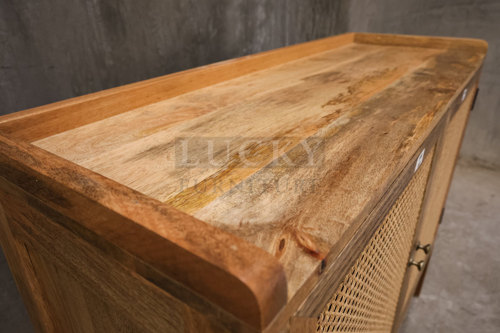 Mango wood and rattan sideboard.