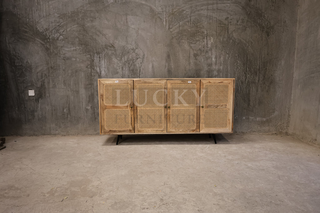 Mango wood and rattan sideboard.