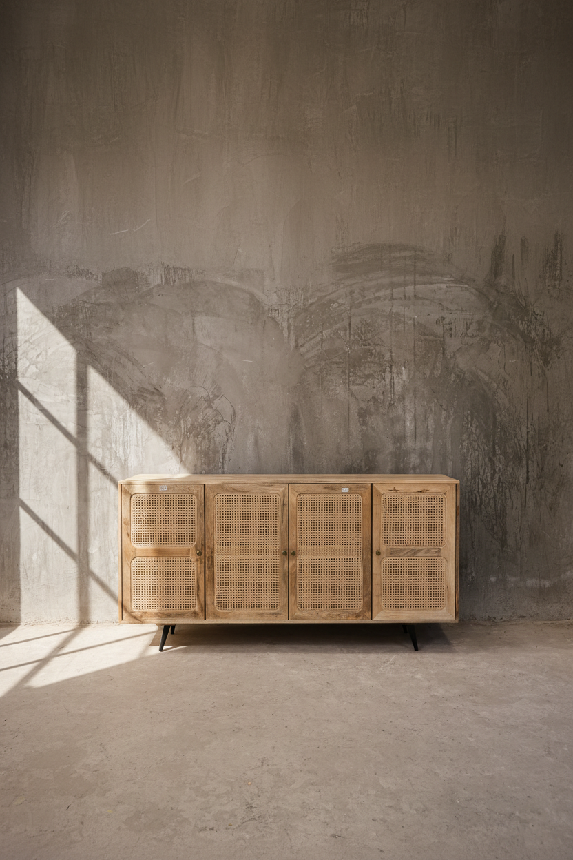Mango wood and rattan sideboard.