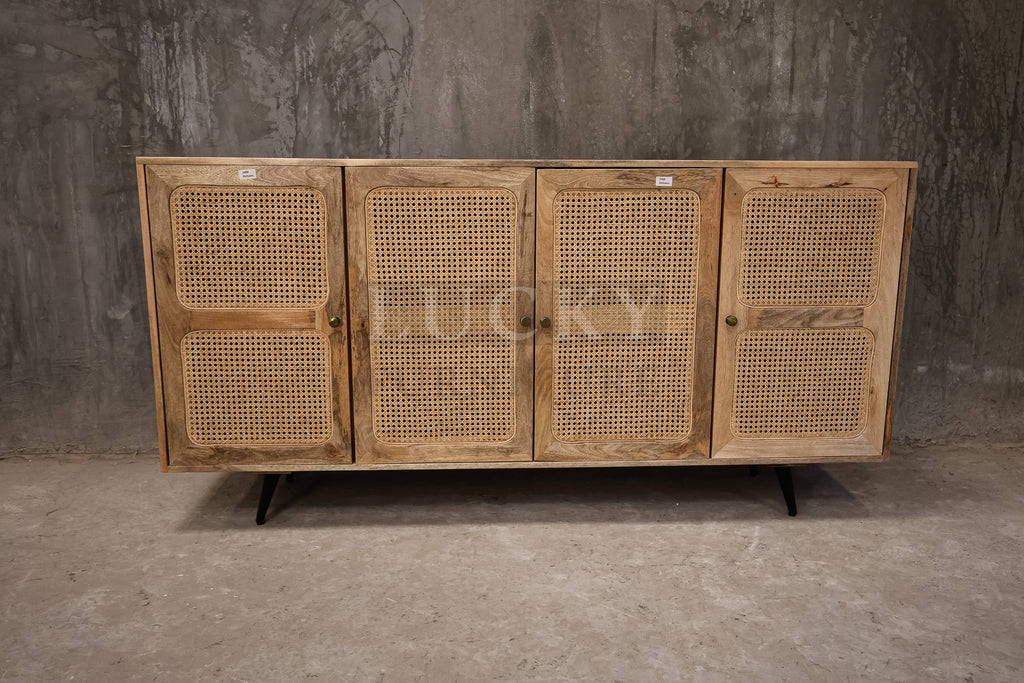 Mango wood and rattan sideboard.