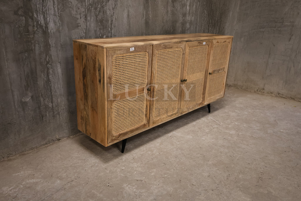 Mango wood and rattan sideboard.
