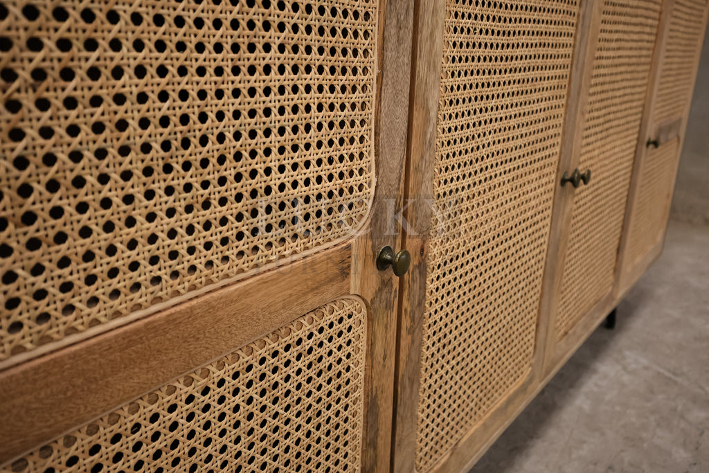Mango wood and rattan sideboard.