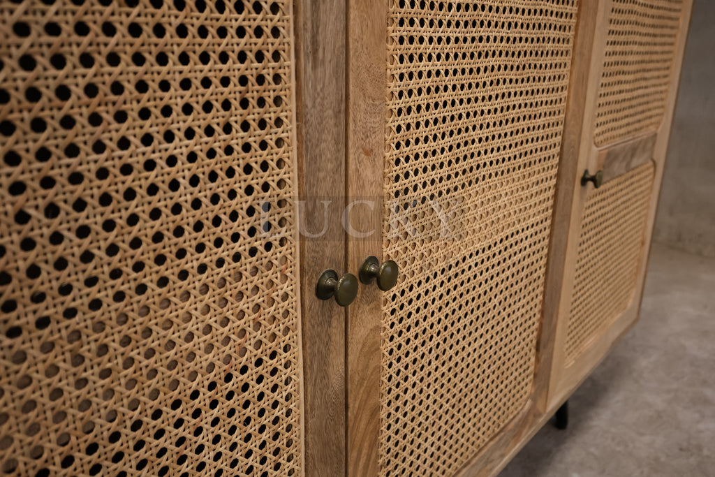 Mango wood and rattan sideboard.