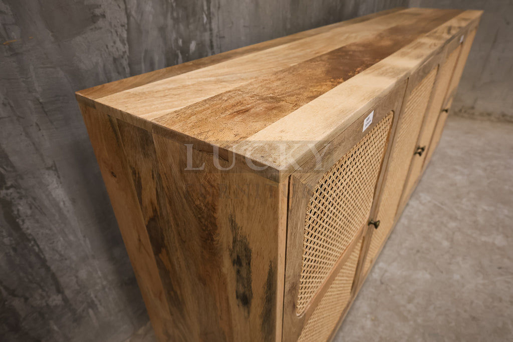 Mango wood and rattan sideboard.
