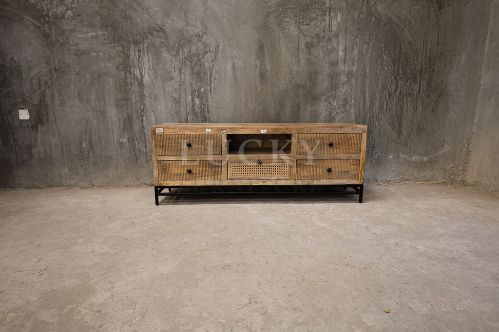 Rattan and mango wood tv stand.