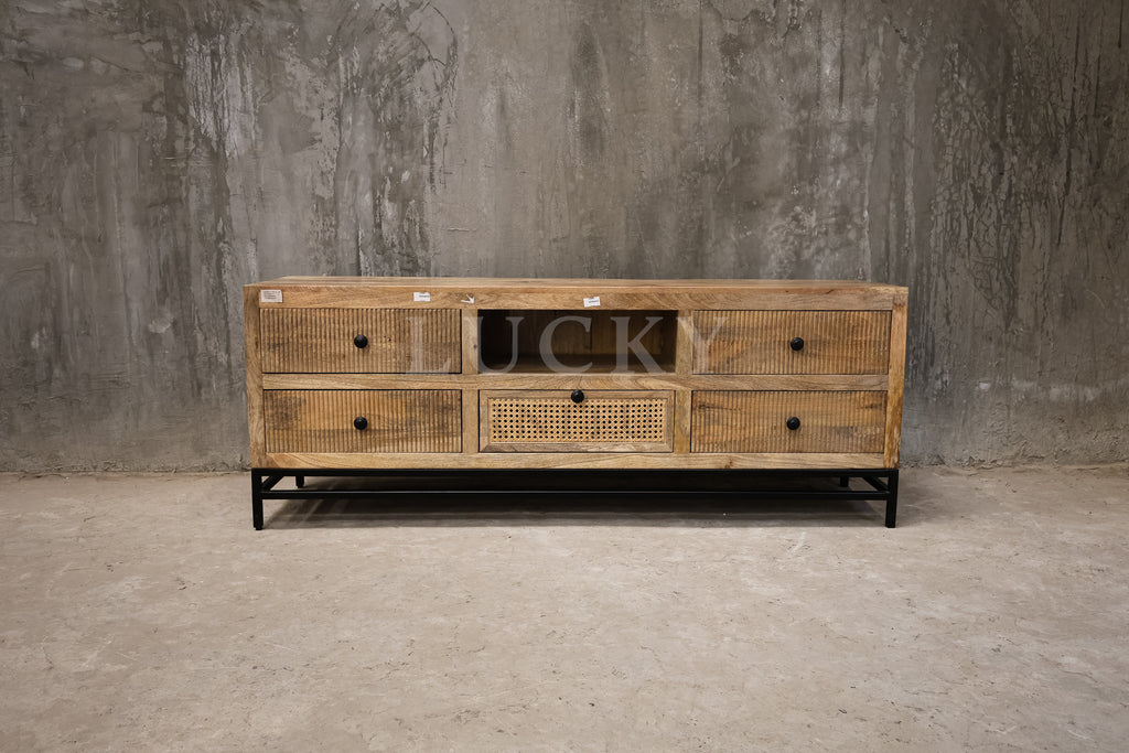 Rattan and mango wood tv stand.