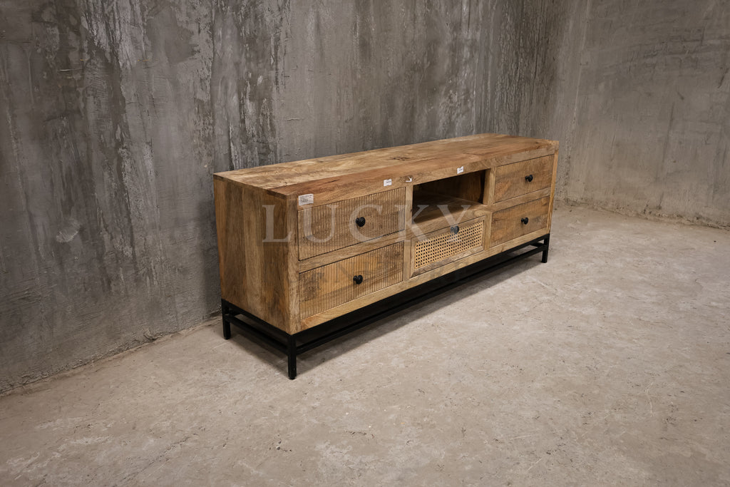 Rattan and mango wood tv stand.